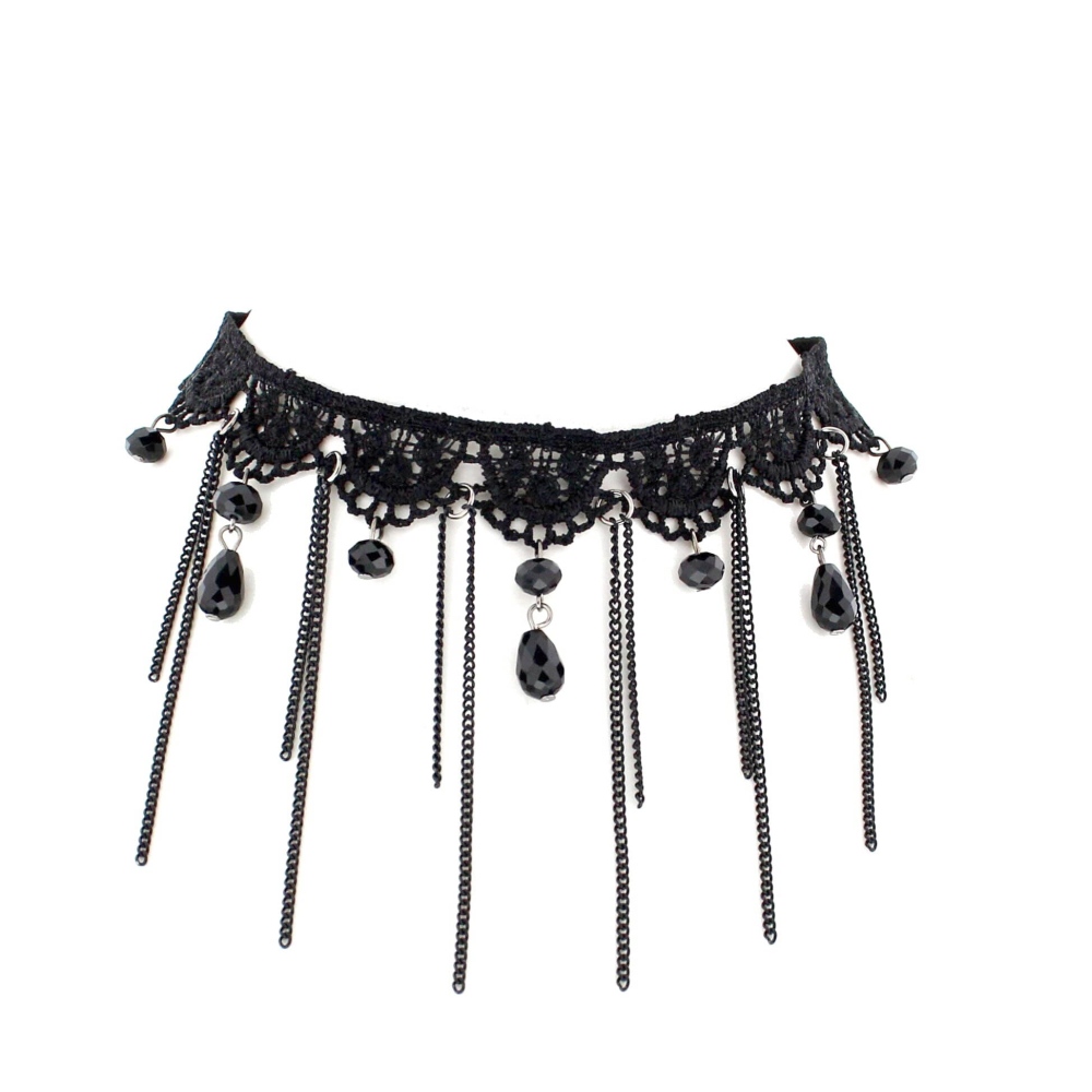 Zac's Alter Ego - Lace With Chains & Attachments Choker - Black